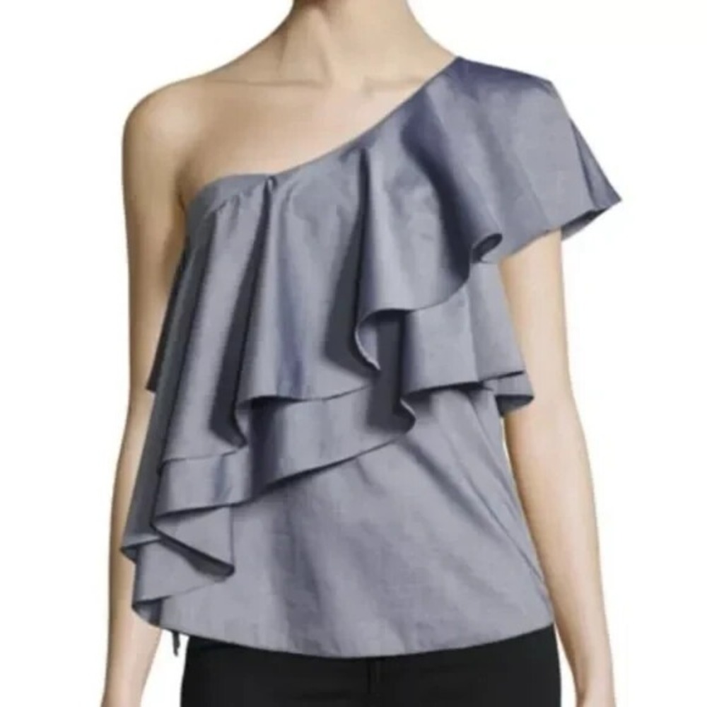 Milly Cascade Layered One Shoulder Cross Dyed Italian‎ Shirting Top Gray 8 NWT